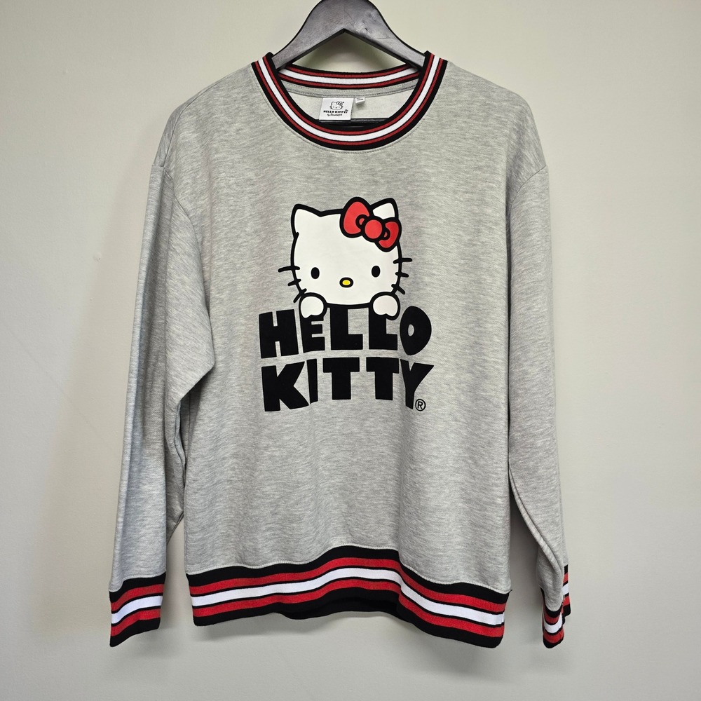 Hello Kitty Sanrio Sweatshirt Women XL Gray Striped Trim Kawaii Y2K Pullover